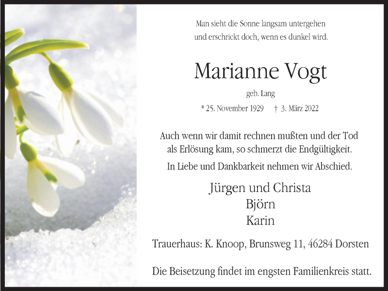  Traueranzeige für Marianne Vogt vom 12.03.2022 aus Ruhr Nachrichten und Dorstener Zeitung