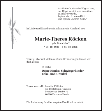 Traueranzeige von Marie-Theres Röcken von Ruhr Nachrichten und Dorstener Zeitung