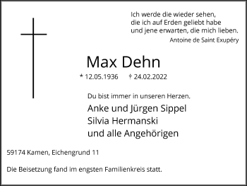 Traueranzeige von Max Dehn von Hellweger Anzeiger