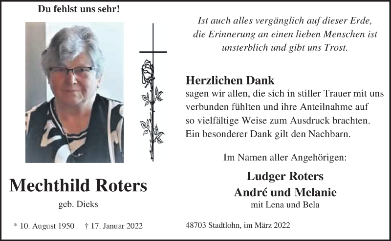  Traueranzeige für Mechthild Roters vom 02.03.2022 aus Münstersche Zeitung und Münsterland Zeitung