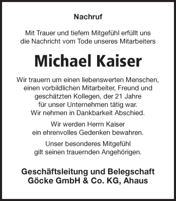 Traueranzeige von Michael Kaiser von Münstersche Zeitung und Münsterland Zeitung
