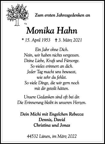 Traueranzeige von Monika Hahn von Ruhr Nachrichten