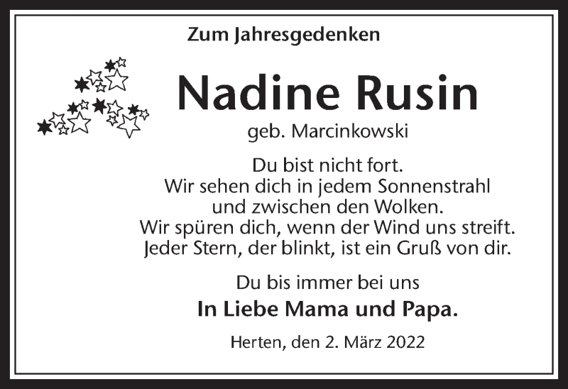  Traueranzeige für Nadine Rusin vom 02.03.2022 aus Medienhaus Bauer