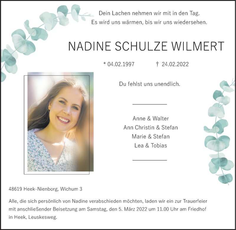  Traueranzeige für Nadine Schulze Wilmert vom 03.03.2022 aus Münstersche Zeitung und Münsterland Zeitung