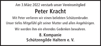 Traueranzeige von Peter Kracht von Ruhr Nachrichten und Halterner Zeitung