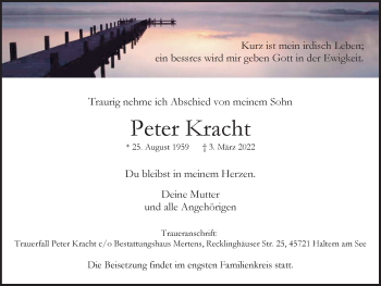 Traueranzeige von Peter Kracht von Ruhr Nachrichten und Halterner Zeitung