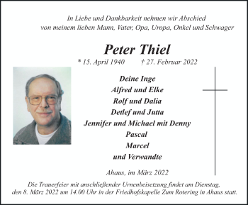 Traueranzeige von Peter Thiel von Münstersche Zeitung und Münsterland Zeitung