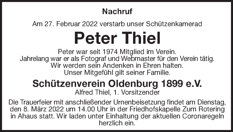  Traueranzeige für Peter Thiel vom 05.03.2022 aus Münstersche Zeitung und Münsterland Zeitung