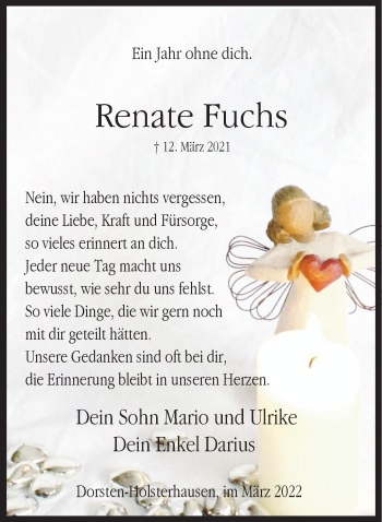 Traueranzeige von Renate Fuchs von Ruhr Nachrichten und Dorstener Zeitung