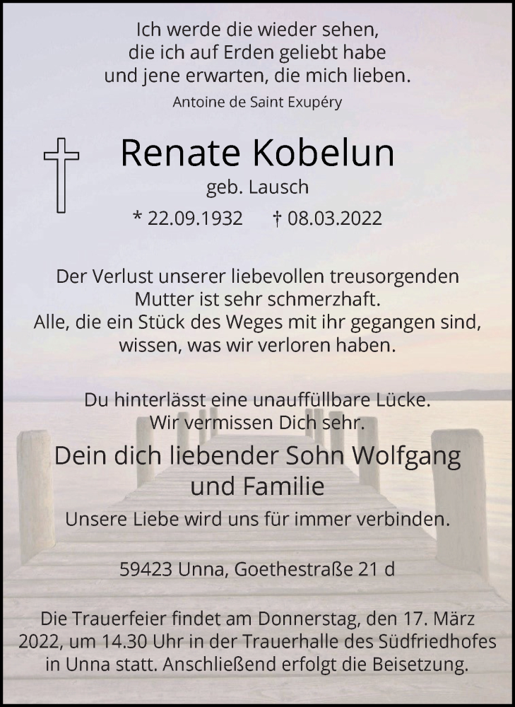  Traueranzeige für Renate Kobelun vom 12.03.2022 aus Hellweger Anzeiger