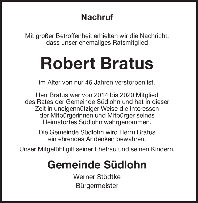  Traueranzeige für Robert Bratus vom 02.03.2022 aus Münstersche Zeitung und Münsterland Zeitung