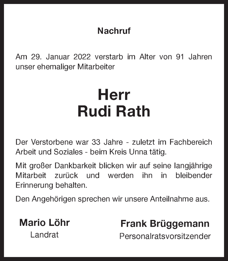 Traueranzeigen von Rudi Rath | sich-erinnern.de