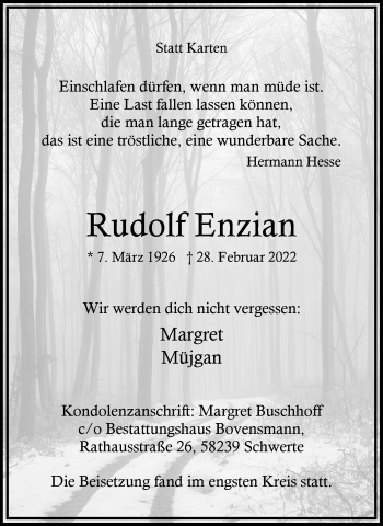 Traueranzeige von Rudolf Enzian 