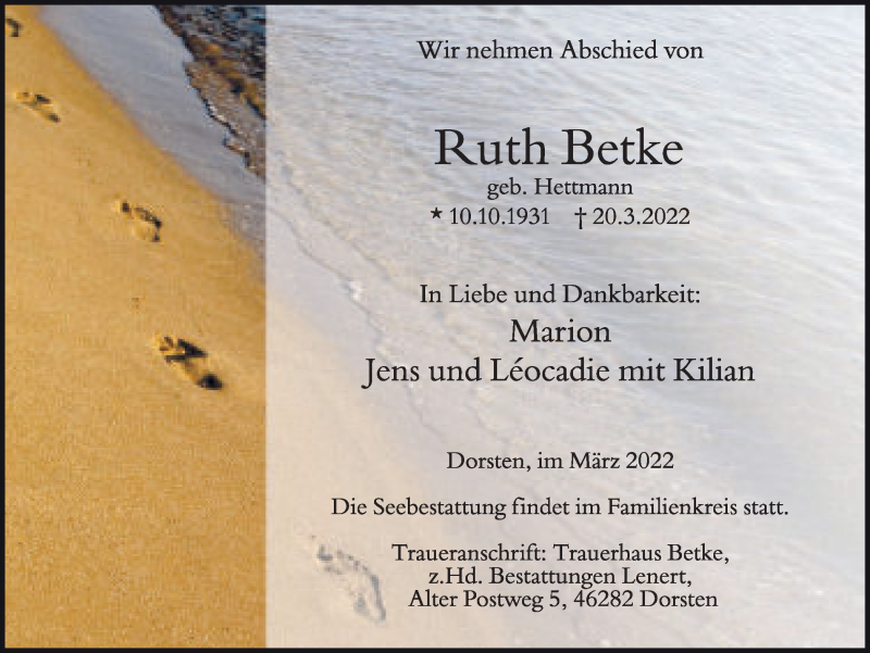  Traueranzeige für Ruth Betke vom 26.03.2022 aus Ruhr Nachrichten und Dorstener Zeitung