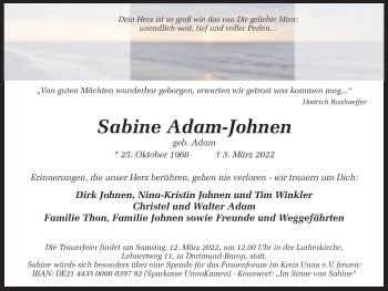 Traueranzeige von Sabine Adam-Johnen 
