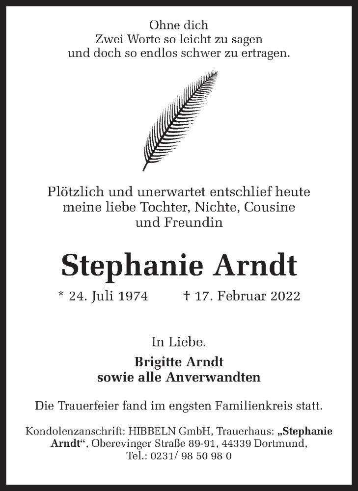  Traueranzeige für Stephanie Arndt vom 05.03.2022 aus 