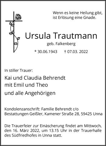 Traueranzeige von Ursula Trautmann von Hellweger Anzeiger
