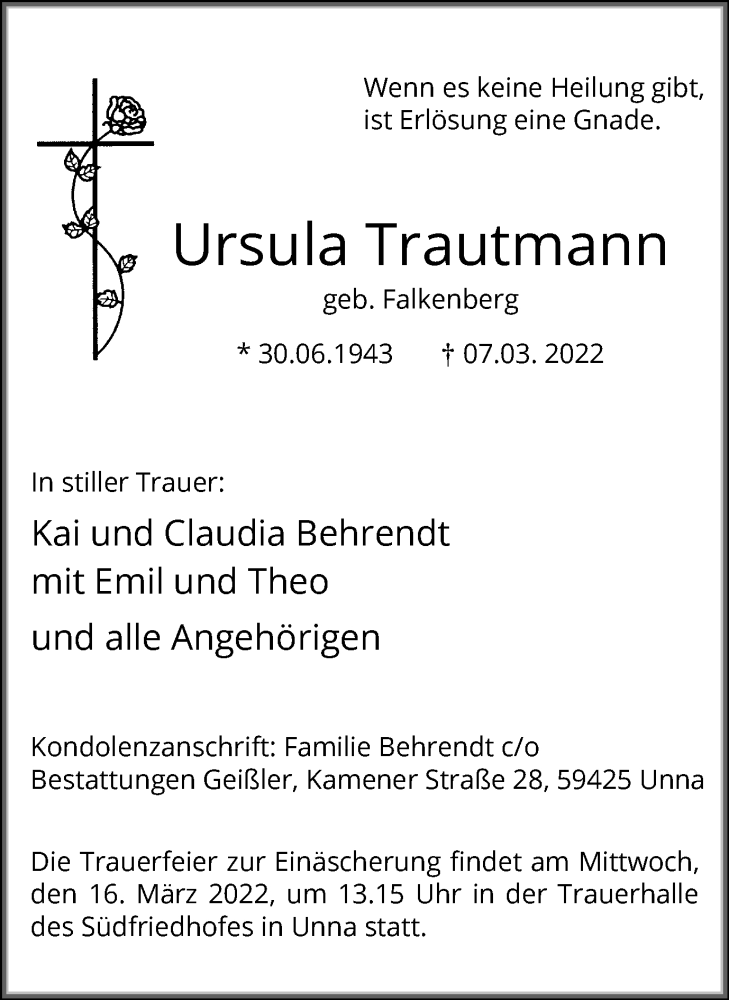  Traueranzeige für Ursula Trautmann vom 10.03.2022 aus Hellweger Anzeiger