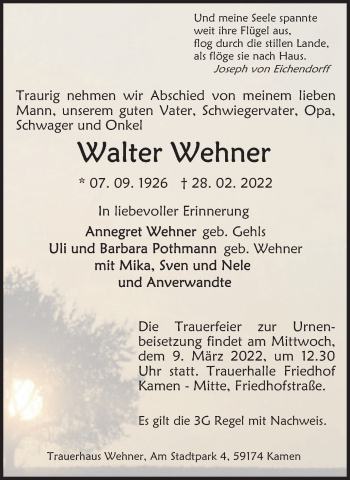 Traueranzeige von Walter Wehner von Hellweger Anzeiger