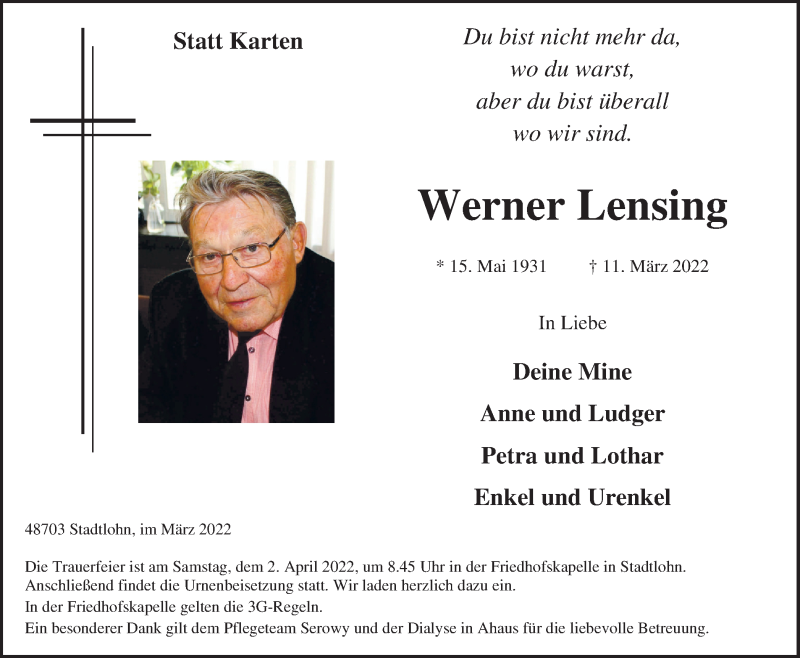  Traueranzeige für Werner Lensing vom 23.03.2022 aus Münstersche Zeitung und Münsterland Zeitung