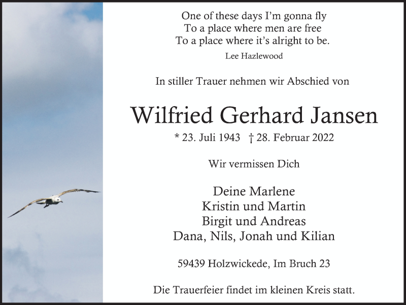  Traueranzeige für Wilfried Gerhard Jansen vom 05.03.2022 aus Hellweger Anzeiger