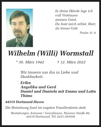 Traueranzeige von Wilhelm Wormstall 