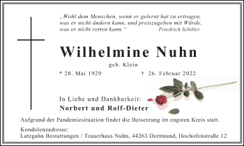 Traueranzeige von Wilhelmine Nuhn 