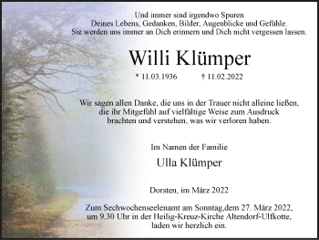 Traueranzeige von Willi Klümper von Ruhr Nachrichten und Dorstener Zeitung