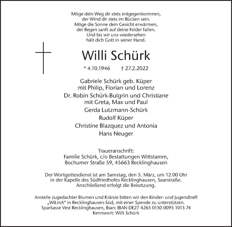  Traueranzeige für Willi Schürk vom 02.03.2022 aus Medienhaus Bauer