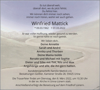 Traueranzeige von Winfried Mattick von Hellweger Anzeiger