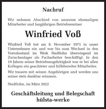 Traueranzeige von Winfried Voß von Münstersche Zeitung und Münsterland Zeitung