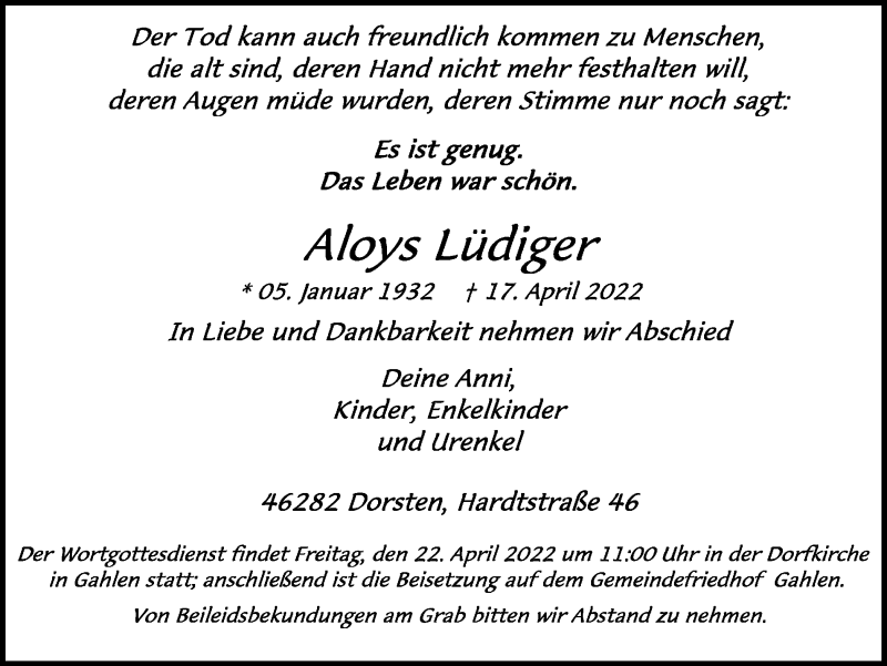  Traueranzeige für Aloys Lüdiger vom 20.04.2022 aus Ruhr Nachrichten und Dorstener Zeitung