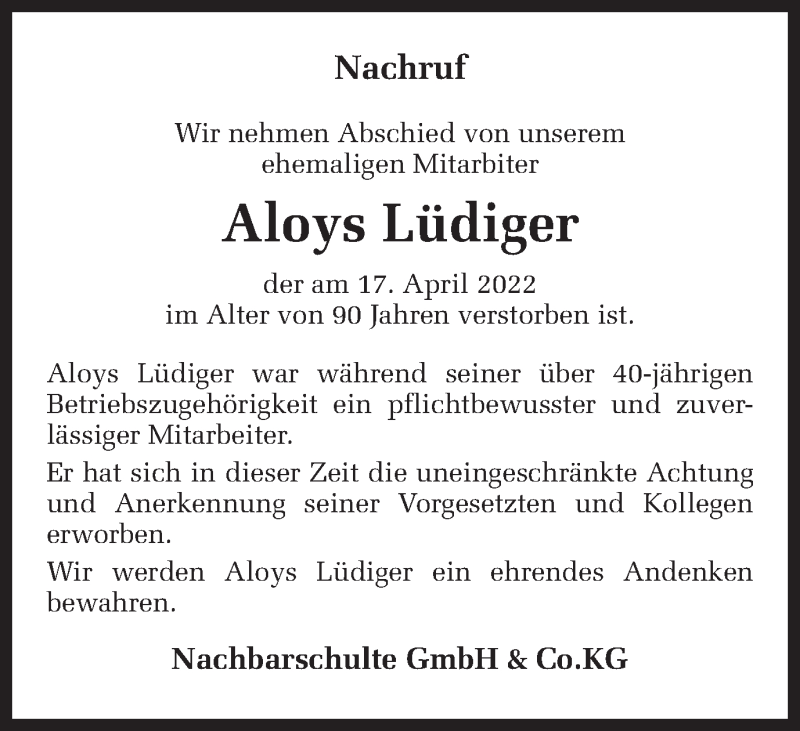  Traueranzeige für Aloys Lüdiger vom 23.04.2022 aus Ruhr Nachrichten und Dorstener Zeitung