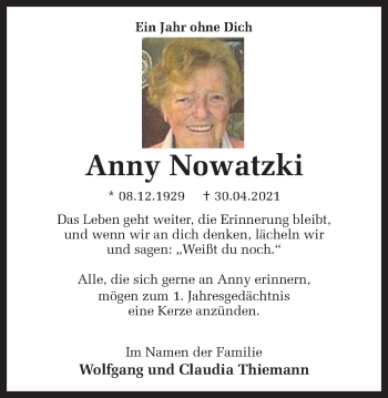 Traueranzeige von Anny Nowatzki von Ruhr Nachrichten und Dorstener Zeitung