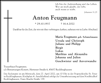Traueranzeige von Anton Feugmann von Medienhaus Bauer