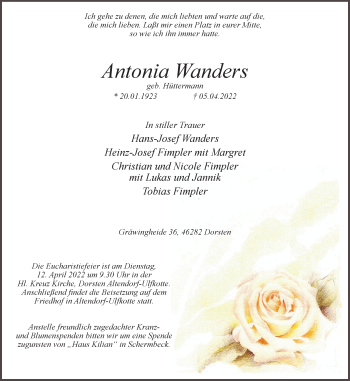 Traueranzeige von Antonia Wanders von Ruhr Nachrichten und Dorstener Zeitung
