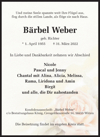 Traueranzeige von Bärbel Weber 