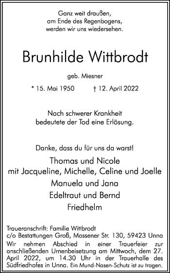 Traueranzeige von Brunhilde Wittbrodt von Hellweger Anzeiger