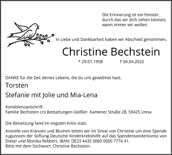 Traueranzeige von Christine Bechstein von Hellweger Anzeiger