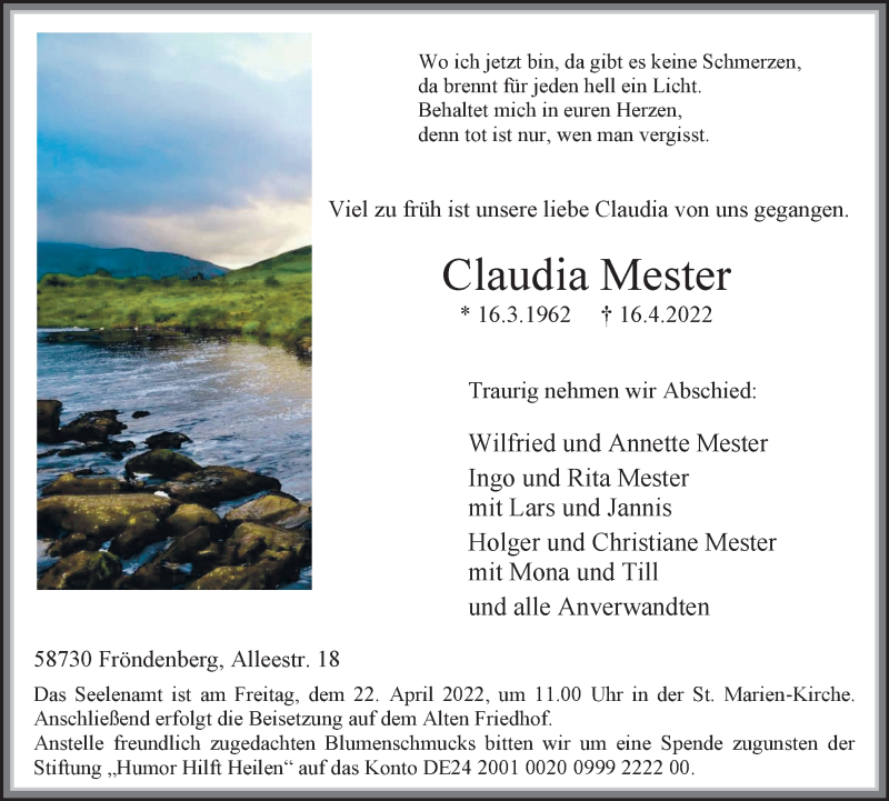  Traueranzeige für Claudia Mester vom 20.04.2022 aus Hellweger Anzeiger