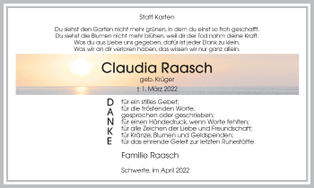 Traueranzeige von Claudia Raasch von Ruhr Nachrichten