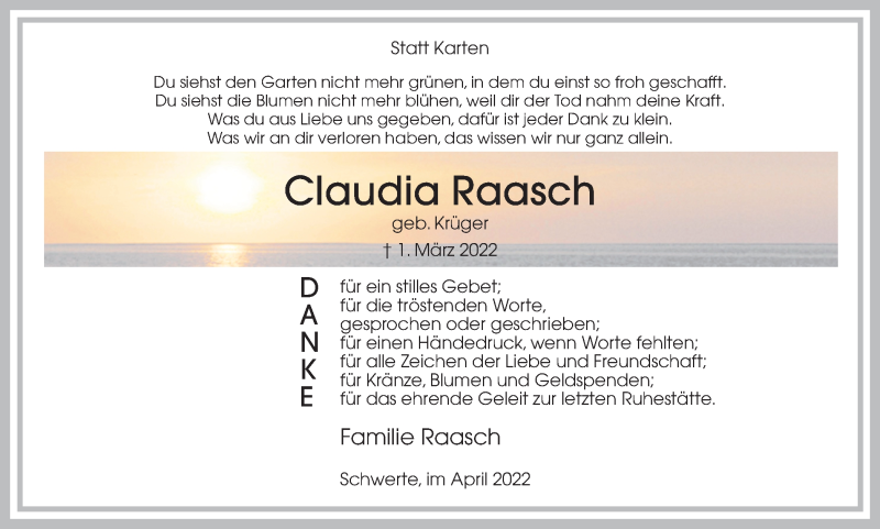  Traueranzeige für Claudia Raasch vom 09.04.2022 aus Ruhr Nachrichten