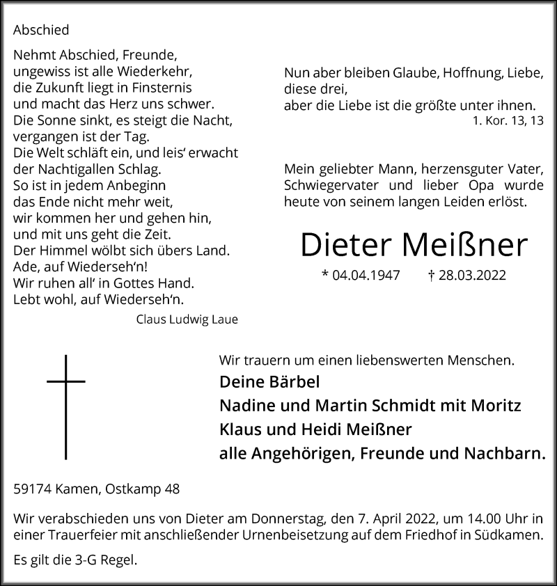  Traueranzeige für Dieter Meißner vom 02.04.2022 aus Hellweger Anzeiger