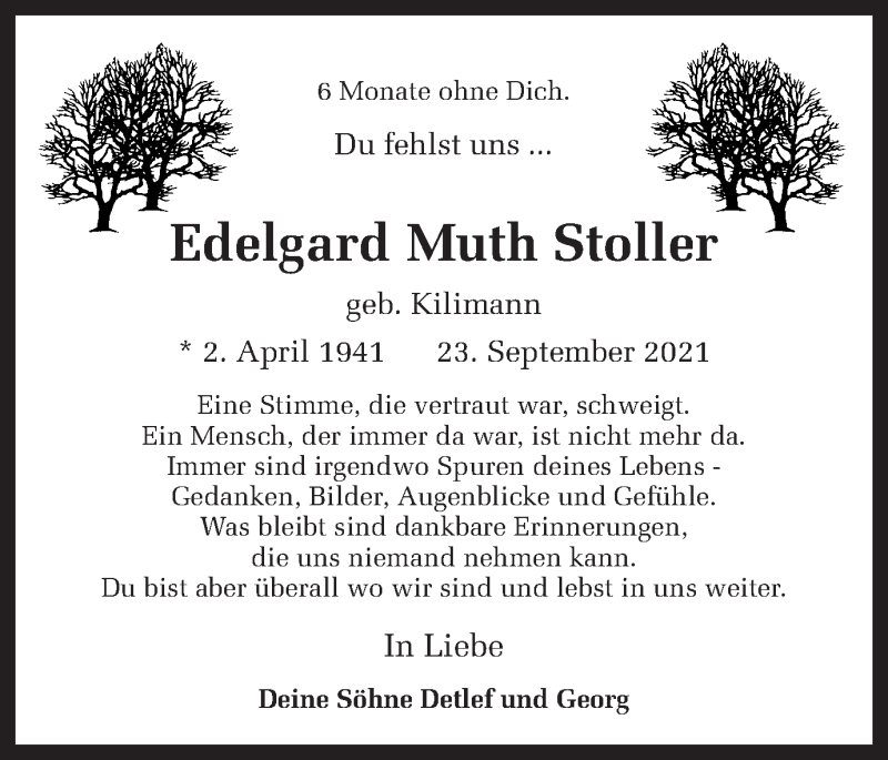  Traueranzeige für Edelgard Muth Stoller vom 02.04.2022 aus Ruhr Nachrichten und Dorstener Zeitung