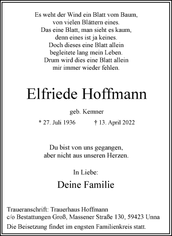 Traueranzeige von Elfriede Hoffmann von Hellweger Anzeiger