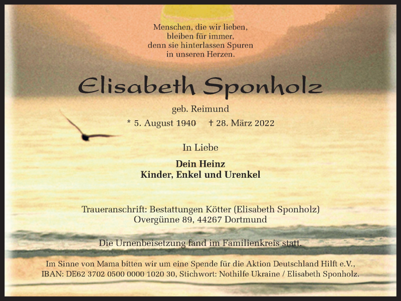  Traueranzeige für Elisabeth Sponholz vom 09.04.2022 aus 