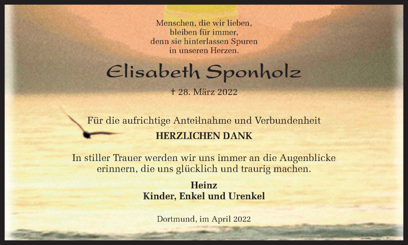  Traueranzeige für Elisabeth Sponholz vom 30.04.2022 aus 