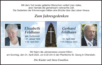 Traueranzeige von Elisabeth und Gerhard Feldhaus von Münstersche Zeitung und Münsterland Zeitung