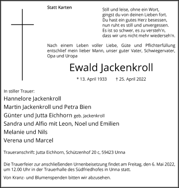 Traueranzeige von Ewald Jackenkroll von Hellweger Anzeiger