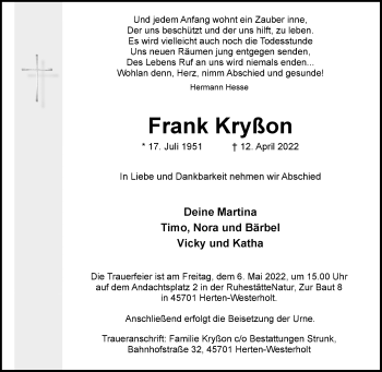 Traueranzeige von Frank Kryßon von Medienhaus Bauer
